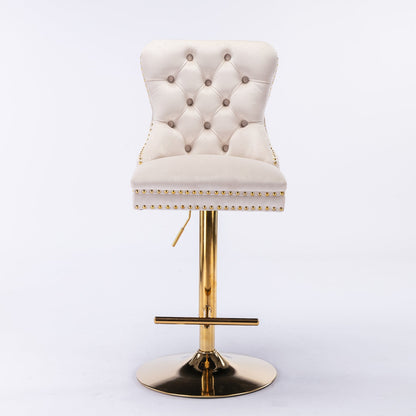 A&A Furniture,Thick Golden Swivel Velvet Barstools Adjusatble Seat Height from 27 - 35 Inch, Modern Upholstered Bar Stools with Backs Comfortable Tufted for Home Pub and Kitchen Island (Beige,Set of 2) - 1st Choice Furniture Direct