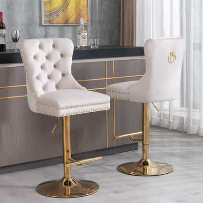 A&A Furniture,Thick Golden Swivel Velvet Barstools Adjusatble Seat Height from 27 - 35 Inch, Modern Upholstered Bar Stools with Backs Comfortable Tufted for Home Pub and Kitchen Island (Beige,Set of 2) - 1st Choice Furniture Direct