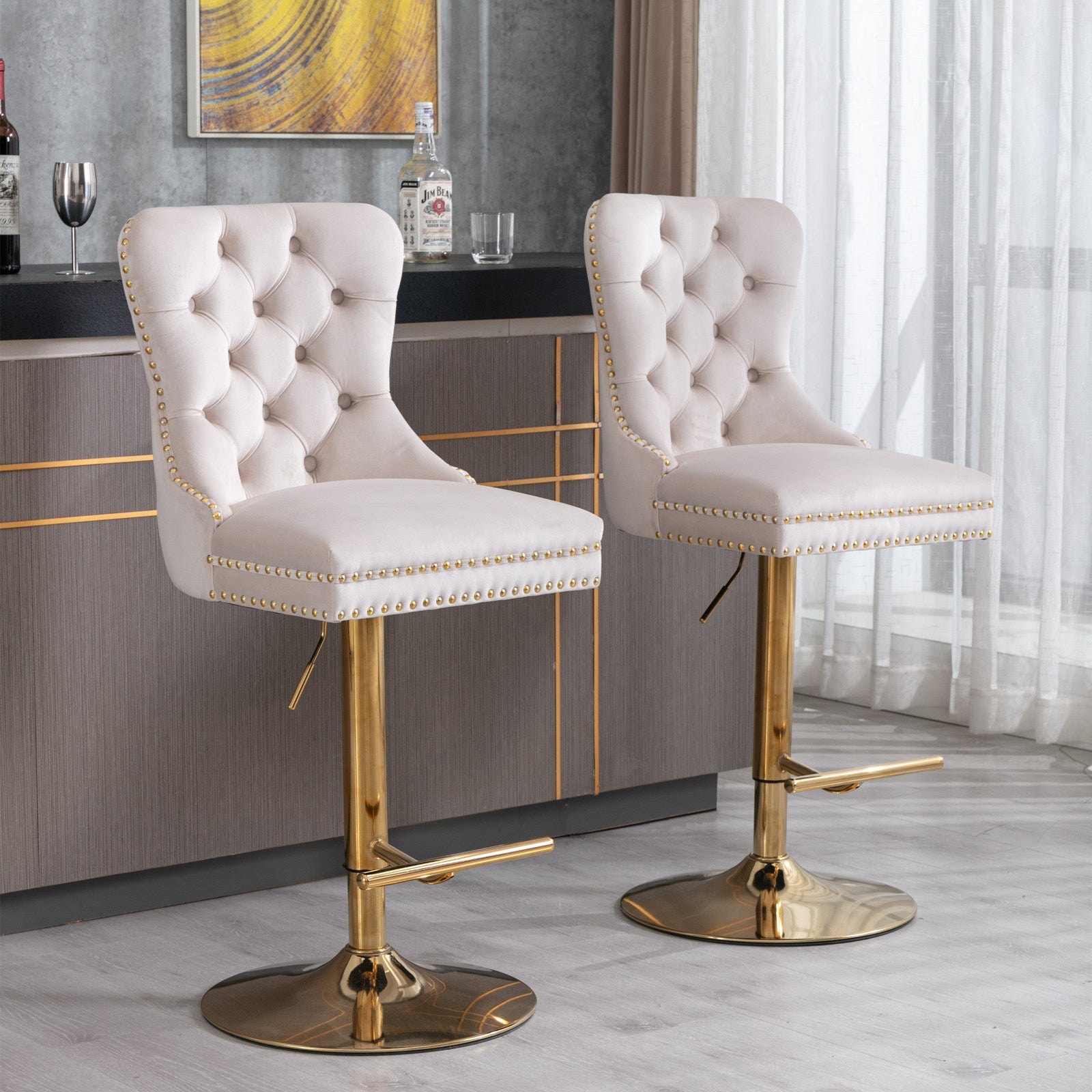 A&A Furniture,Thick Golden Swivel Velvet Barstools Adjusatble Seat Height from 27 - 35 Inch, Modern Upholstered Bar Stools with Backs Comfortable Tufted for Home Pub and Kitchen Island (Beige,Set of 2) - 1st Choice Furniture Direct