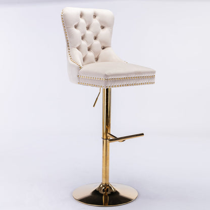 A&A Furniture,Thick Golden Swivel Velvet Barstools Adjusatble Seat Height from 27 - 35 Inch, Modern Upholstered Bar Stools with Backs Comfortable Tufted for Home Pub and Kitchen Island (Beige,Set of 2) - 1st Choice Furniture Direct