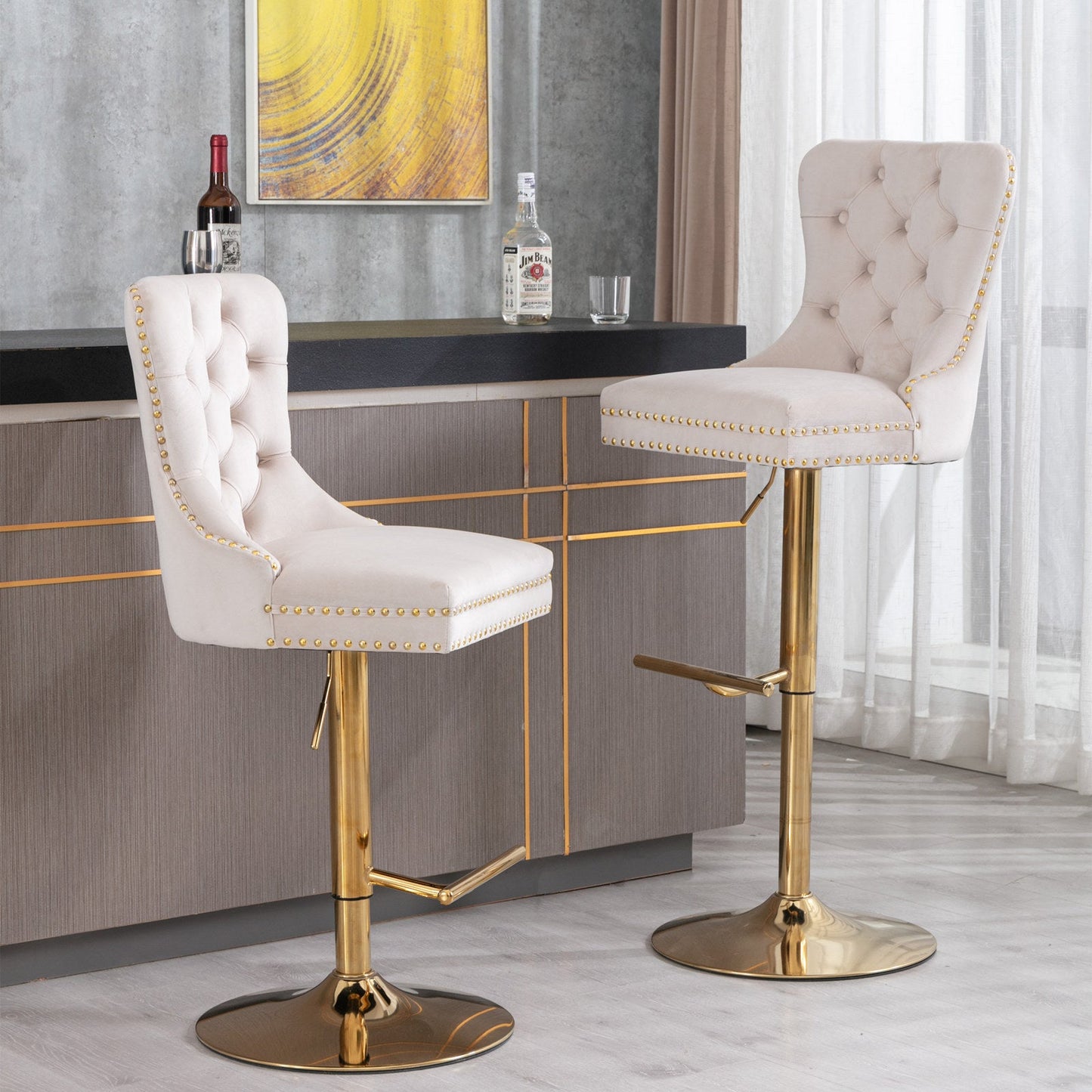 A&A Furniture,Thick Golden Swivel Velvet Barstools Adjusatble Seat Height from 27 - 35 Inch, Modern Upholstered Bar Stools with Backs Comfortable Tufted for Home Pub and Kitchen Island (Beige,Set of 2) - 1st Choice Furniture Direct