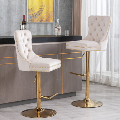 A&A Furniture,Thick Golden Swivel Velvet Barstools Adjusatble Seat Height from 27 - 35 Inch, Modern Upholstered Bar Stools with Backs Comfortable Tufted for Home Pub and Kitchen Island (Beige,Set of 2) - 1st Choice Furniture Direct