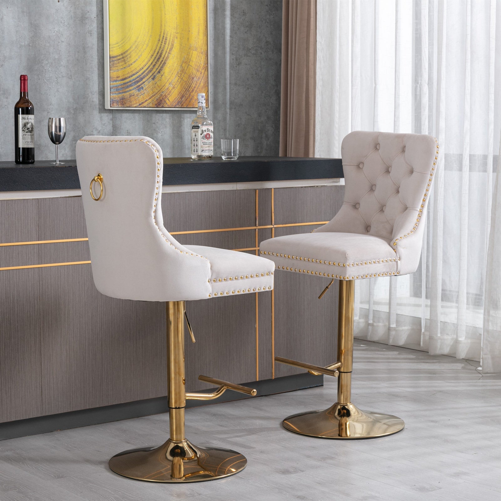 A&A Furniture,Thick Golden Swivel Velvet Barstools Adjusatble Seat Height from 27 - 35 Inch, Modern Upholstered Bar Stools with Backs Comfortable Tufted for Home Pub and Kitchen Island (Beige,Set of 2) - 1st Choice Furniture Direct