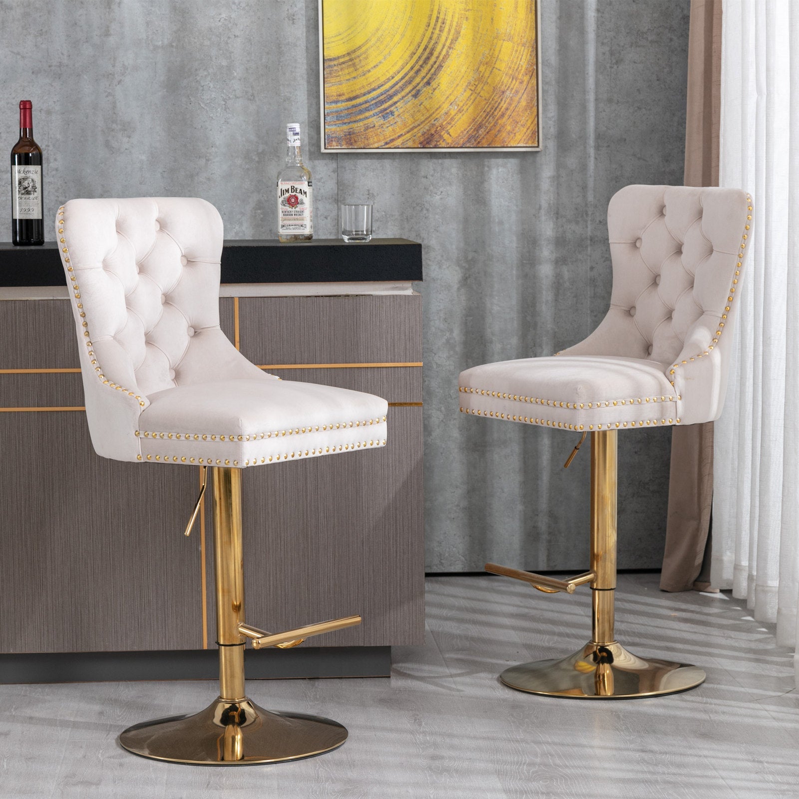 A&A Furniture,Thick Golden Swivel Velvet Barstools Adjusatble Seat Height from 27 - 35 Inch, Modern Upholstered Bar Stools with Backs Comfortable Tufted for Home Pub and Kitchen Island (Beige,Set of 2) - 1st Choice Furniture Direct