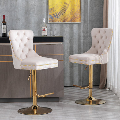 A&A Furniture,Thick Golden Swivel Velvet Barstools Adjusatble Seat Height from 27 - 35 Inch, Modern Upholstered Bar Stools with Backs Comfortable Tufted for Home Pub and Kitchen Island (Beige,Set of 2) - 1st Choice Furniture Direct