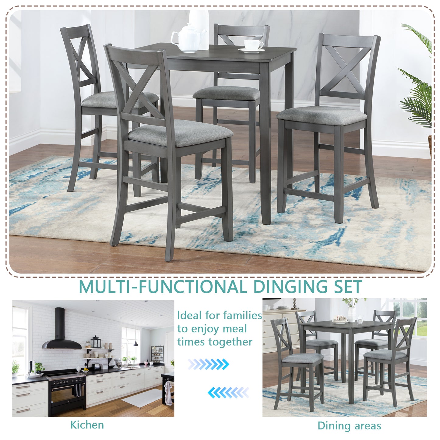 1st Choice 5 Piece Dining Wooden Square Table Set for 4 in Gray Finish