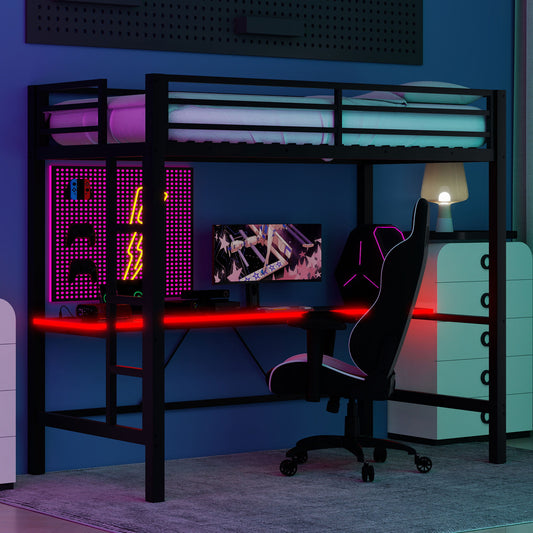 Twin Size Gaming Metal Loft Bed Frame with LED Light and Desk,Black