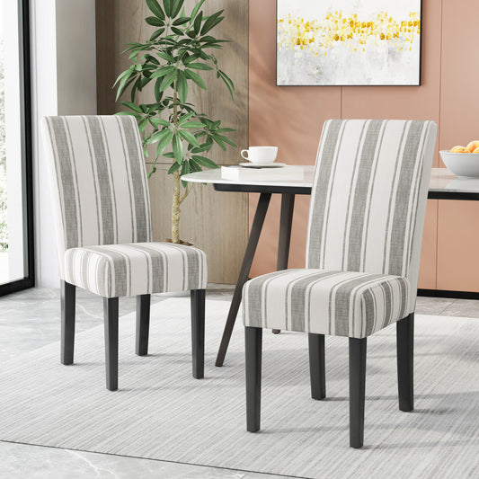 Set of 2 Grey Stripe Upholstered Dining Chairs with Rubberwood Legs