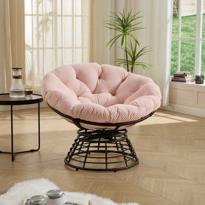 Comfortable Ergonomic Wicker Papasan Chair, 360° Swivel Indoor Outdoor Rattan Chair with Soft Thick Cushion, Ideal for Living Room, Bedroom, Reading Room, Brown Frame with Pink Cushion