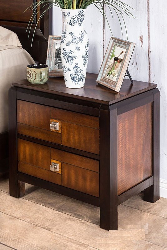 Acacia Walnut 1pc Nightstand Only Transitional Solid wood 2 - Drawers Square Chrome Knobs Multitone Unique Nightstand - 1st Choice Furniture Direct