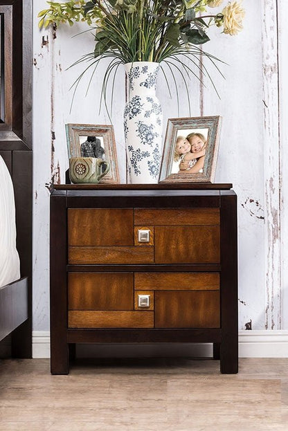 Acacia Walnut 1pc Nightstand Only Transitional Solid wood 2 - Drawers Square Chrome Knobs Multitone Unique Nightstand - 1st Choice Furniture Direct