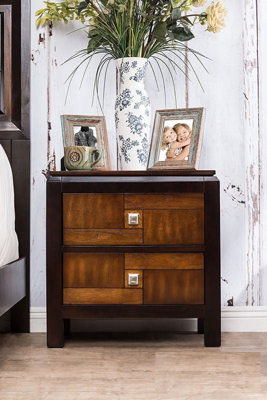 Acacia Walnut 1pc Nightstand Only Transitional Solid wood 2 - Drawers Square Chrome Knobs Multitone Unique Nightstand - 1st Choice Furniture Direct