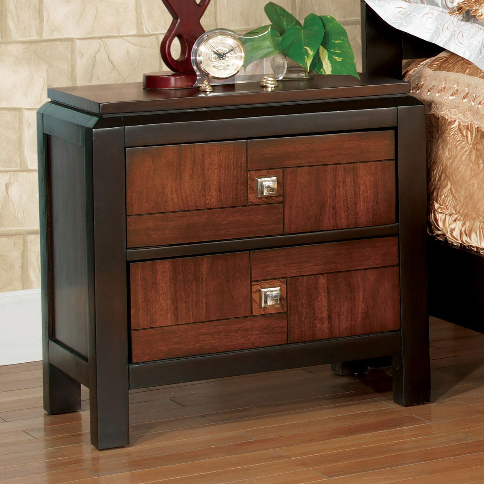Acacia Walnut 1pc Nightstand Only Transitional Solid wood 2 - Drawers Square Chrome Knobs Multitone Unique Nightstand - 1st Choice Furniture Direct