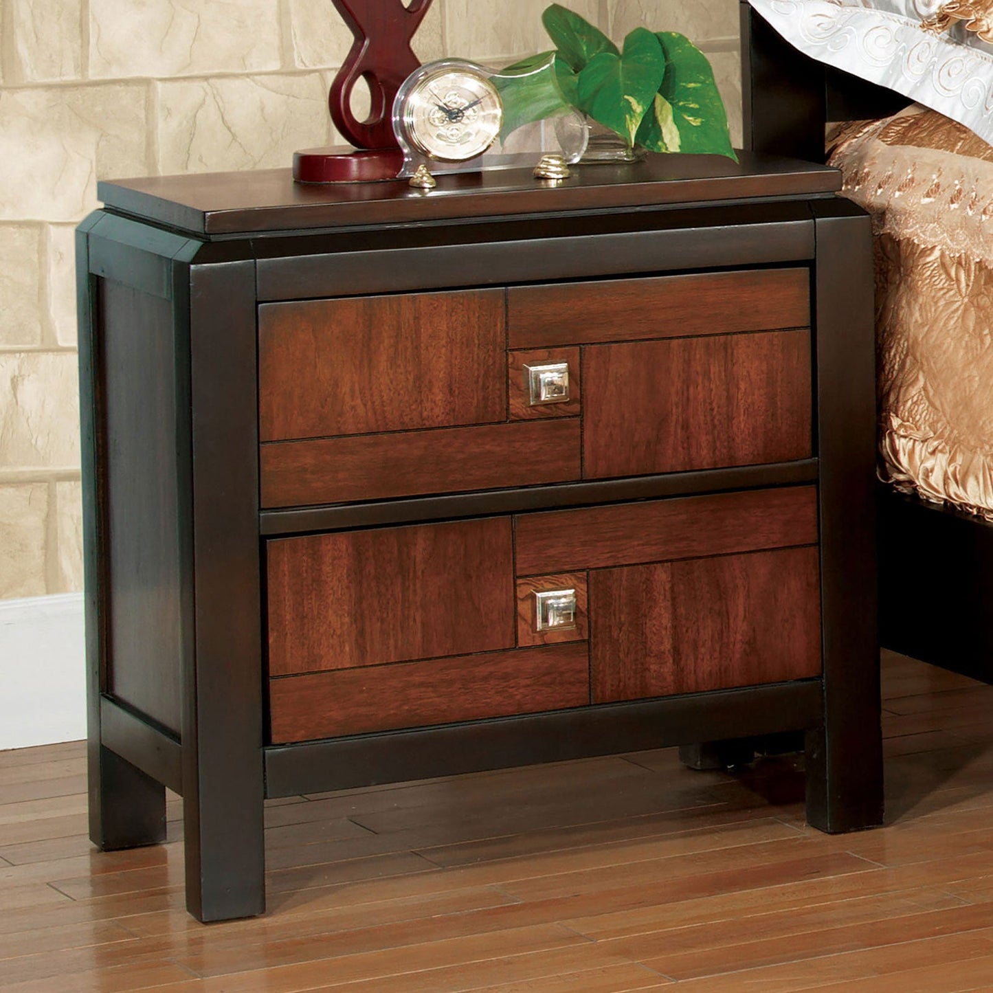 Acacia Walnut 1pc Nightstand Only Transitional Solid wood 2 - Drawers Square Chrome Knobs Multitone Unique Nightstand - 1st Choice Furniture Direct
