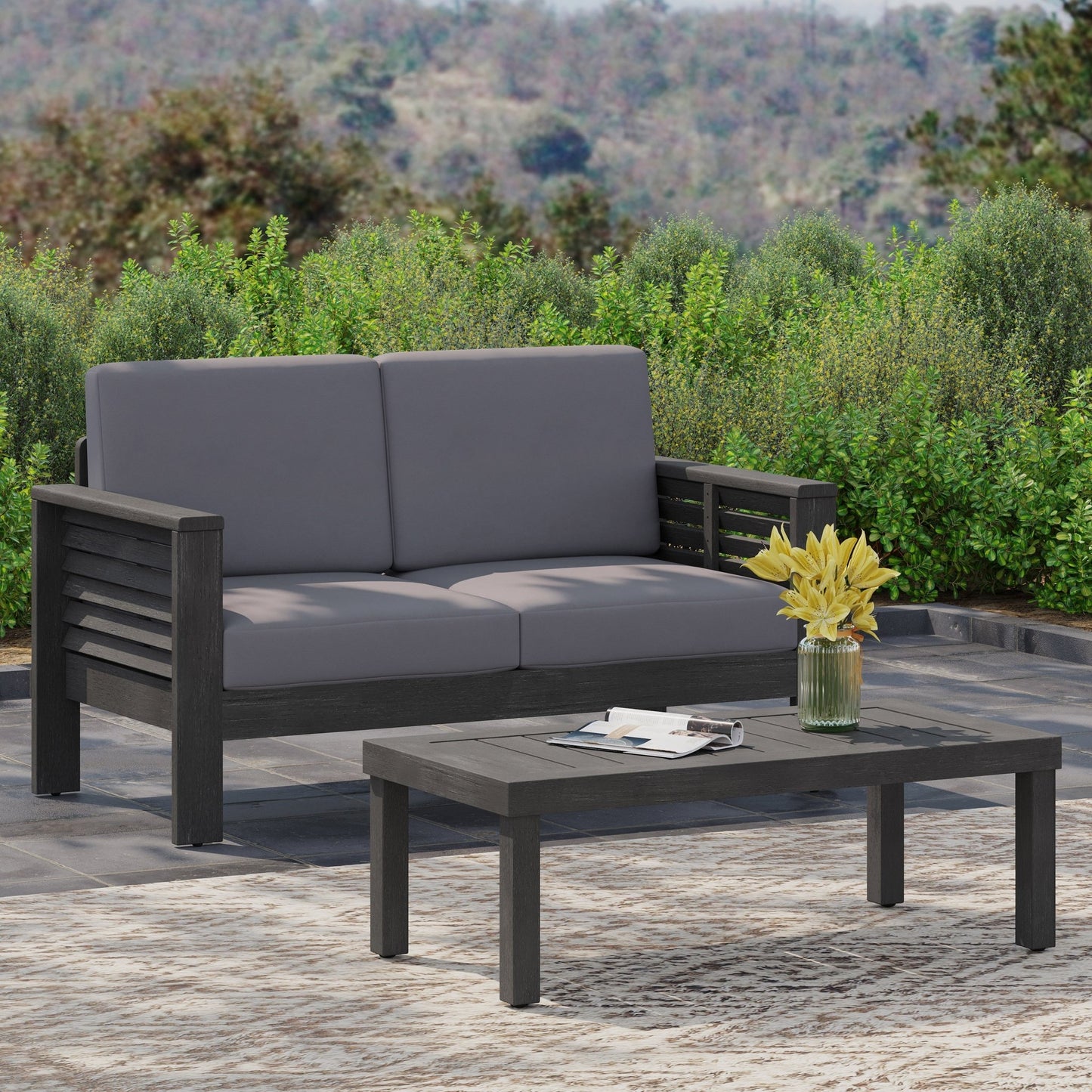 Acacia Wood Outdoor Loveseat & Coffee Table Set with Cushions - 1st Choice Furniture Direct