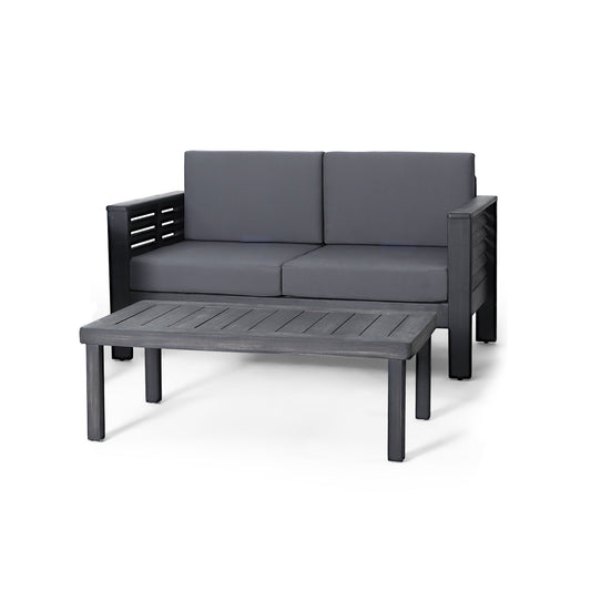 Acacia Wood Outdoor Loveseat & Coffee Table Set with Cushions - 1st Choice Furniture Direct
