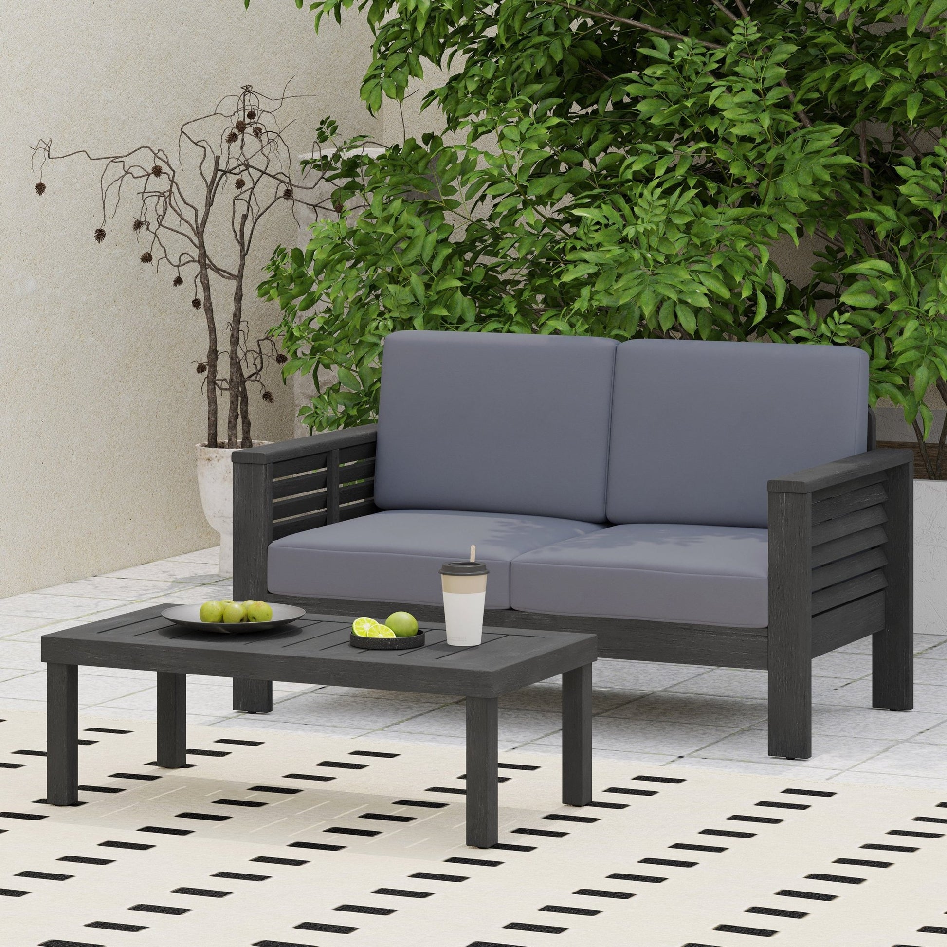 Acacia Wood Outdoor Loveseat & Coffee Table Set with Cushions - 1st Choice Furniture Direct