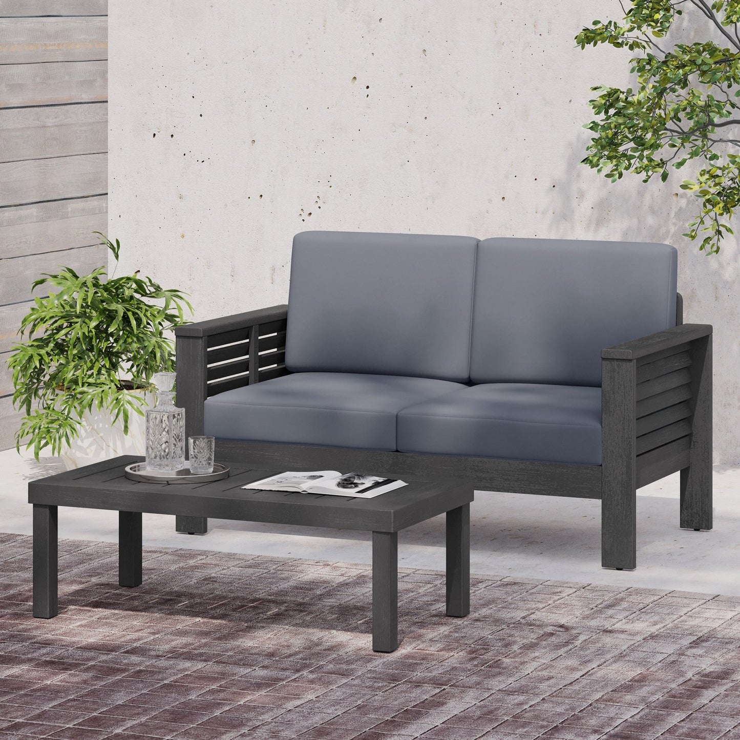 Acacia Wood Outdoor Loveseat & Coffee Table Set with Cushions - 1st Choice Furniture Direct