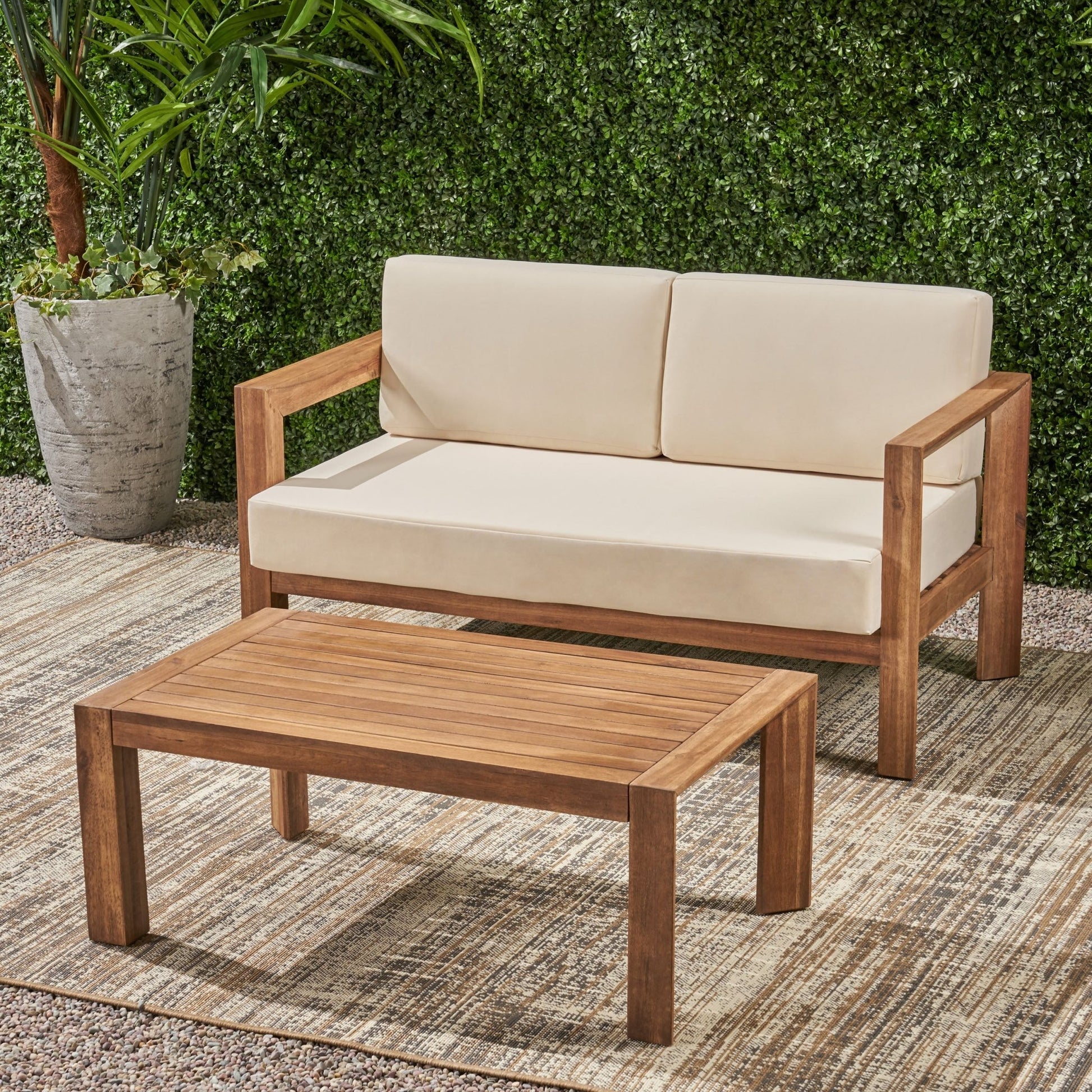 Acacia Wood Outdoor Loveseat & Coffee Table Set with Cushions - 1st Choice Furniture Direct