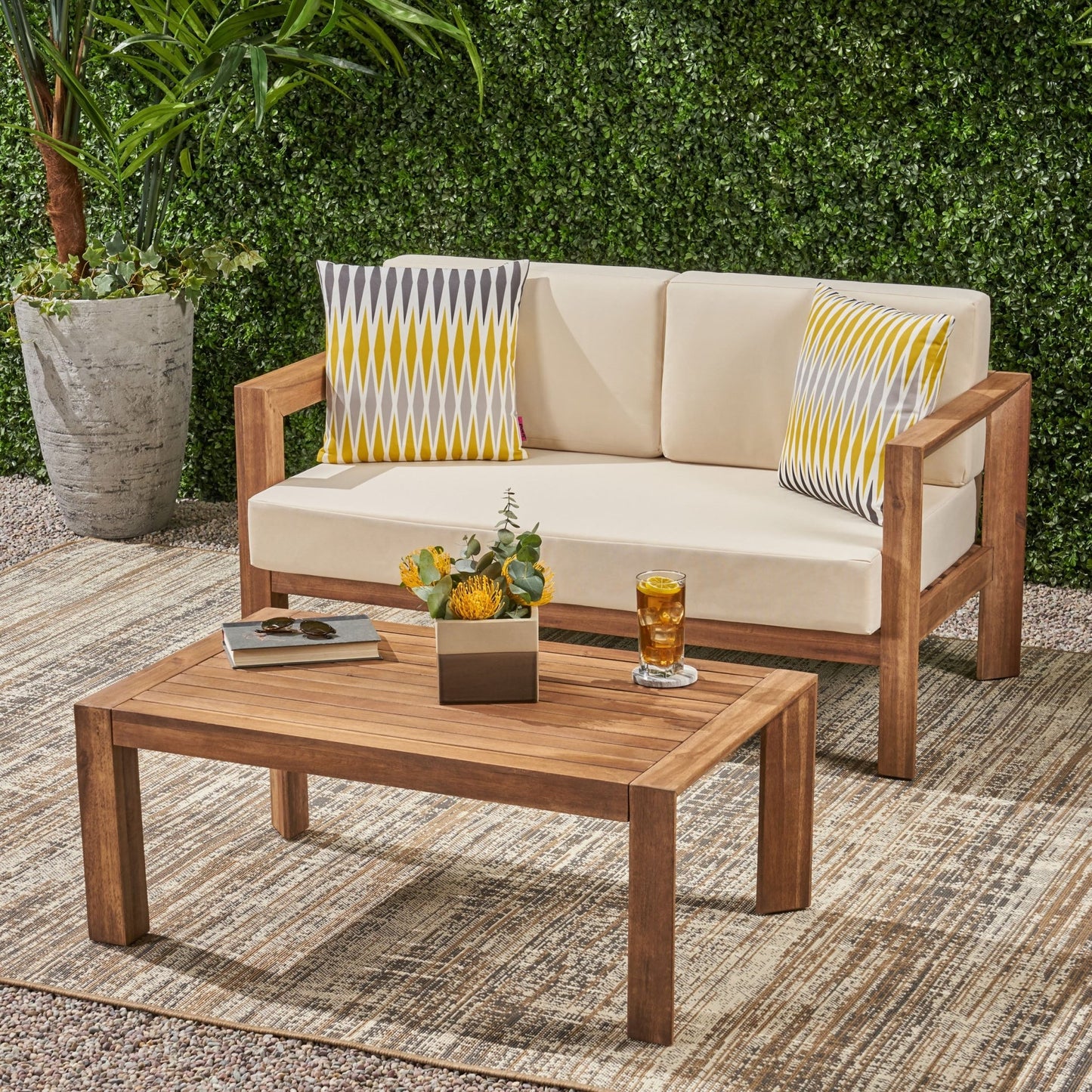 Acacia Wood Outdoor Loveseat & Coffee Table Set with Cushions - 1st Choice Furniture Direct