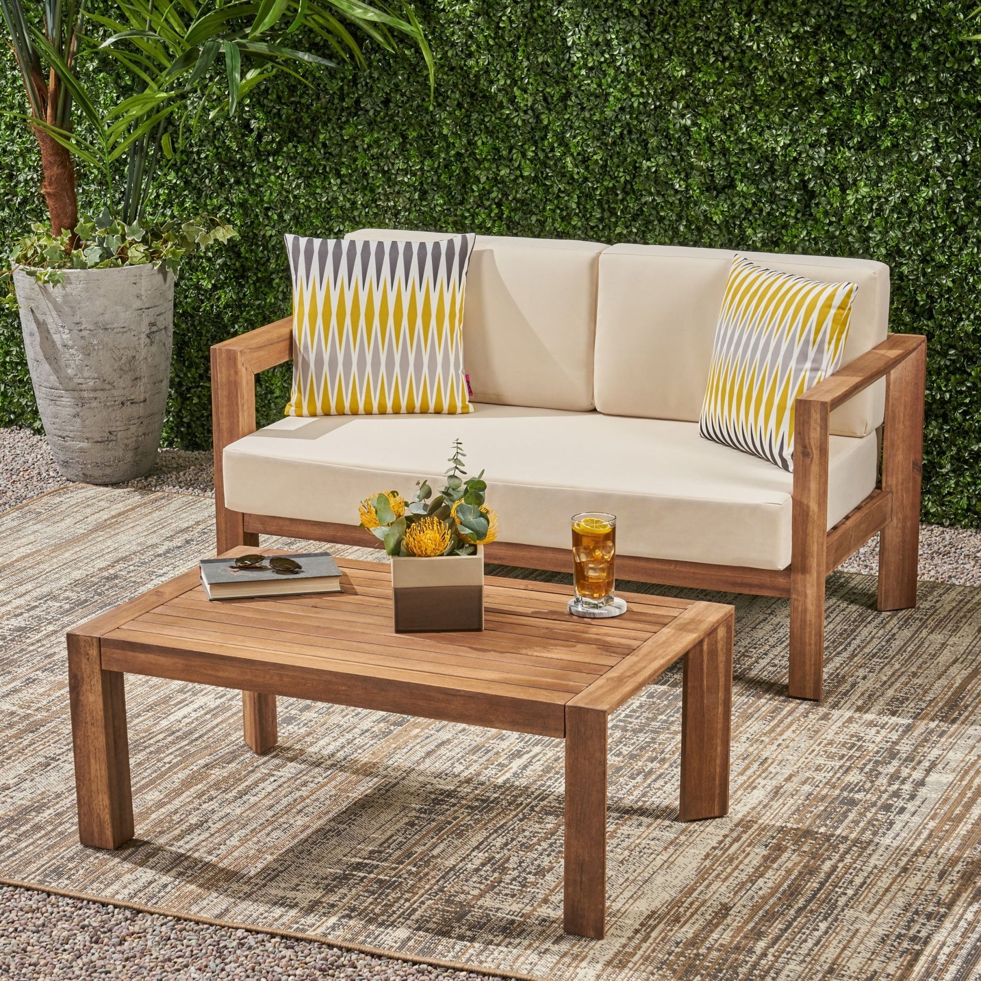 Acacia Wood Outdoor Loveseat & Coffee Table Set with Cushions - 1st Choice Furniture Direct