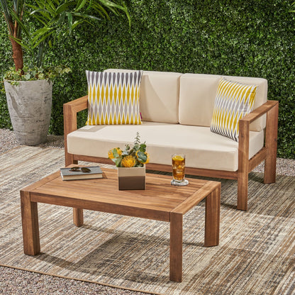 Acacia Wood Outdoor Loveseat & Coffee Table Set with Cushions - 1st Choice Furniture Direct
