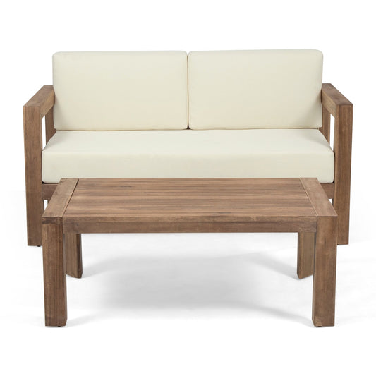 Acacia Wood Outdoor Loveseat & Coffee Table Set with Cushions - 1st Choice Furniture Direct