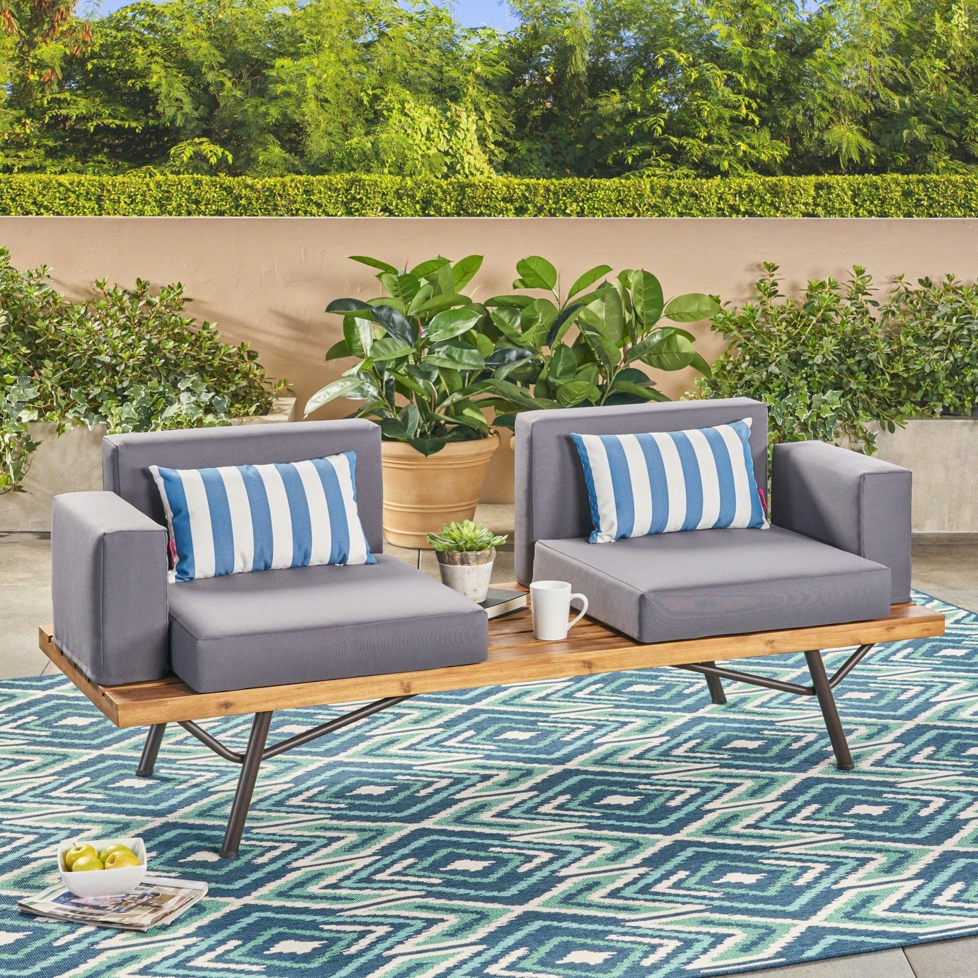 Acacia Wood Outdoor Patio Sofa with Gray Cushions – 2 Seater - 1st Choice Furniture Direct