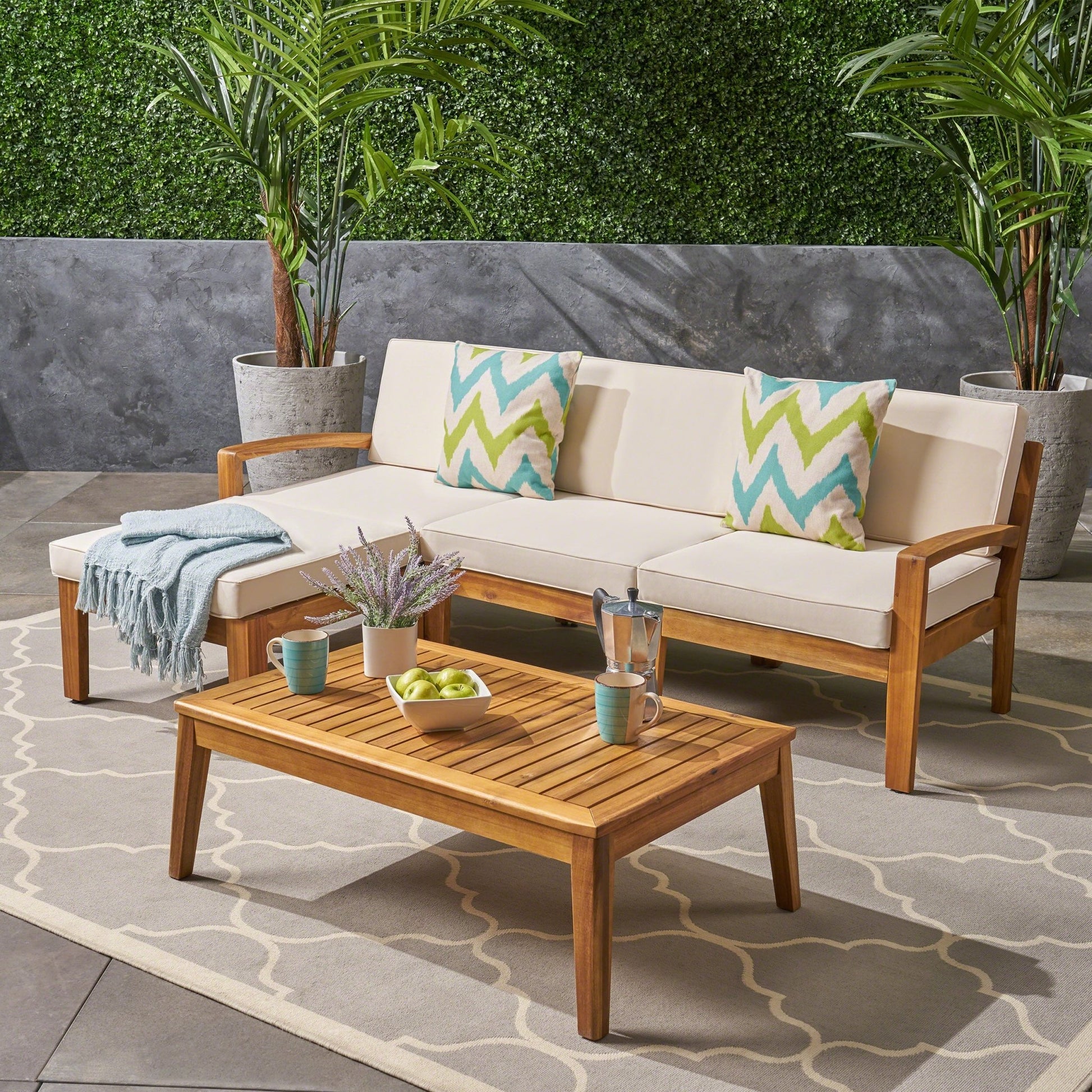 Acacia Wood Outdoor Sectional Sofa Set with Ottoman & Coffee Table - 1st Choice Furniture Direct