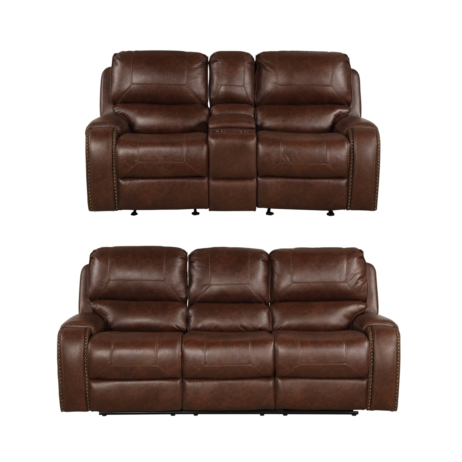 Achern Brown Leather - Air Nailhead Manual Reclining Sofa and Loveseat with Storage Console and USB Port - 1st Choice Furniture Direct