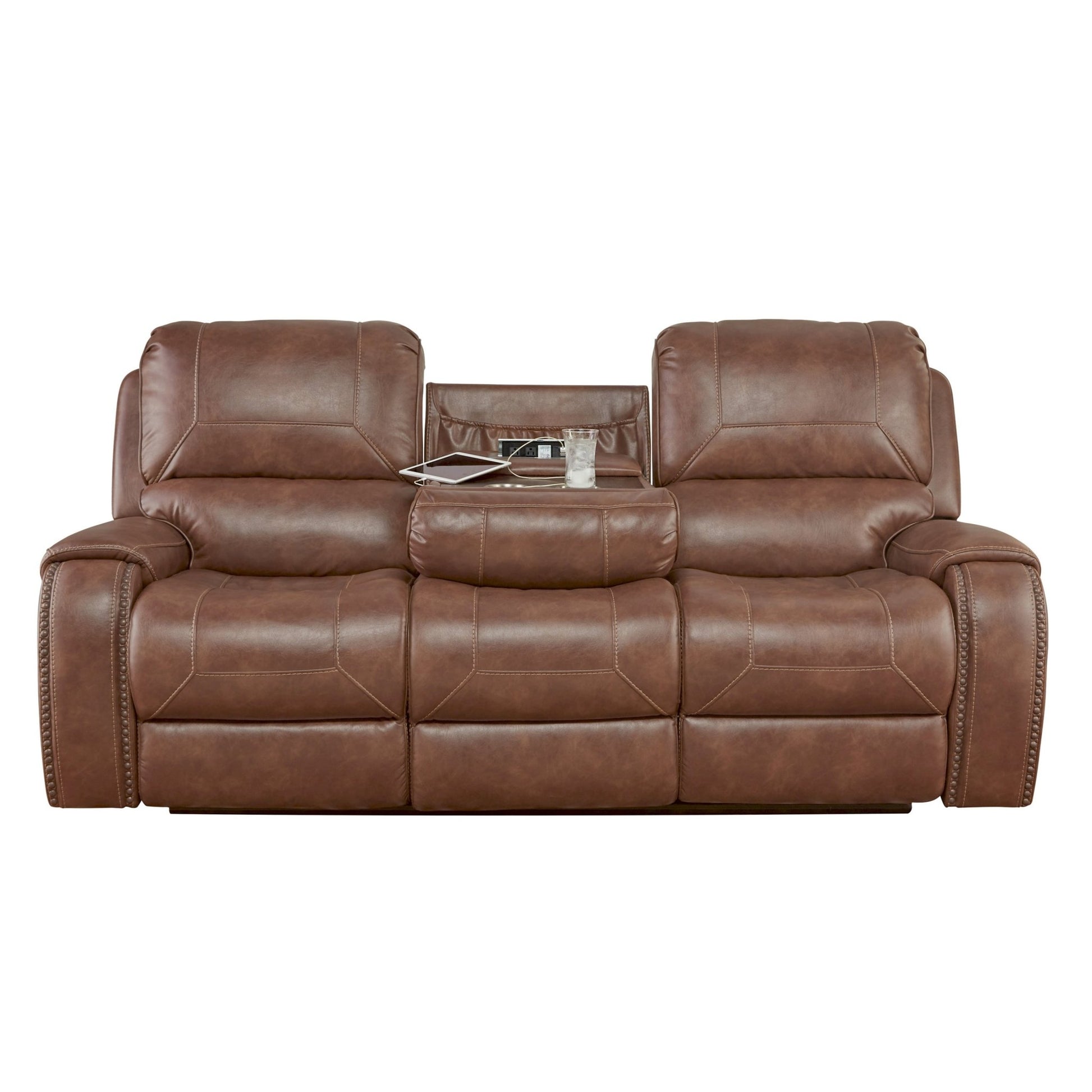 Achern Brown Leather - Air Nailhead Manual Reclining Sofa with Storage Console and USB Port - 1st Choice Furniture Direct