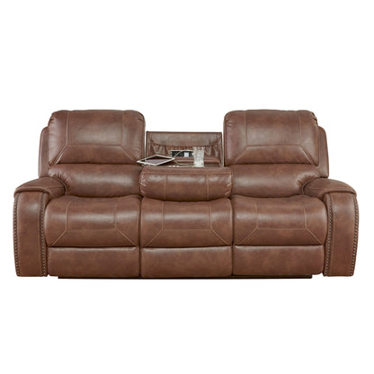 Achern Brown Leather - Air Nailhead Manual Reclining Sofa with Storage Console and USB Port - 1st Choice Furniture Direct
