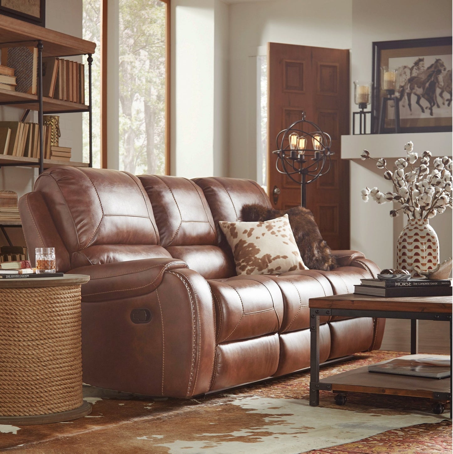 Achern Brown Leather - Air Nailhead Manual Reclining Sofa with Storage Console and USB Port - 1st Choice Furniture Direct