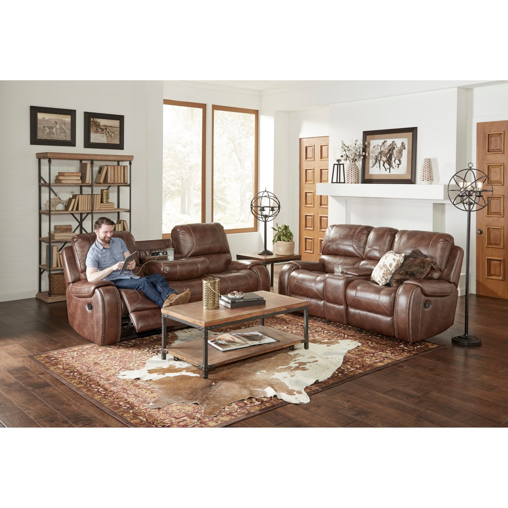 Achern Brown Leather - Air Nailhead Manual Reclining Sofa with Storage Console and USB Port - 1st Choice Furniture Direct
