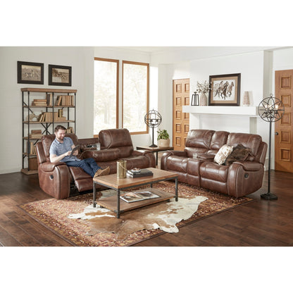 Achern Brown Leather - Air Nailhead Manual Reclining Sofa with Storage Console and USB Port - 1st Choice Furniture Direct