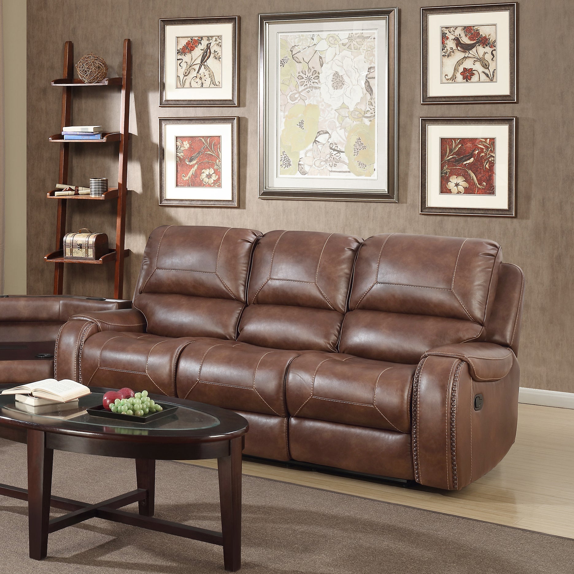 Achern Brown Leather - Air Nailhead Manual Reclining Sofa with Storage Console and USB Port - 1st Choice Furniture Direct