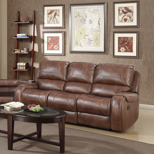 Achern Brown Leather - Air Nailhead Manual Reclining Sofa with Storage Console and USB Port - 1st Choice Furniture Direct