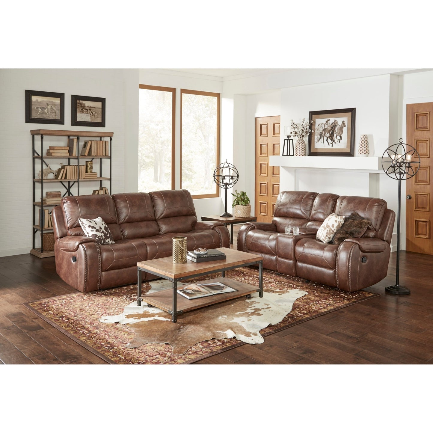 Achern Brown Leather - Air Nailhead Manual Reclining Sofa with Storage Console and USB Port - 1st Choice Furniture Direct