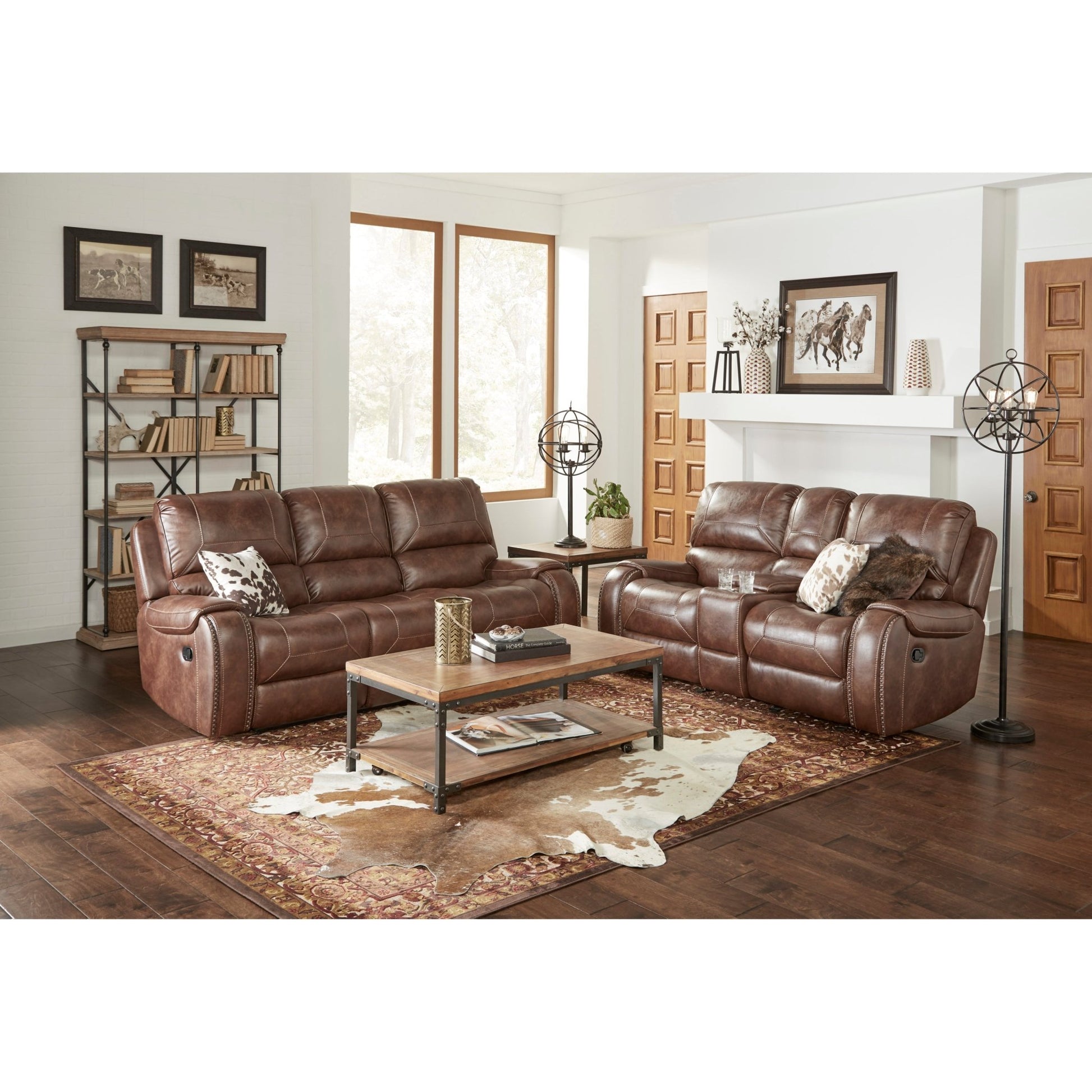 Achern Brown Leather - Air Nailhead Manual Reclining Sofa with Storage Console and USB Port - 1st Choice Furniture Direct