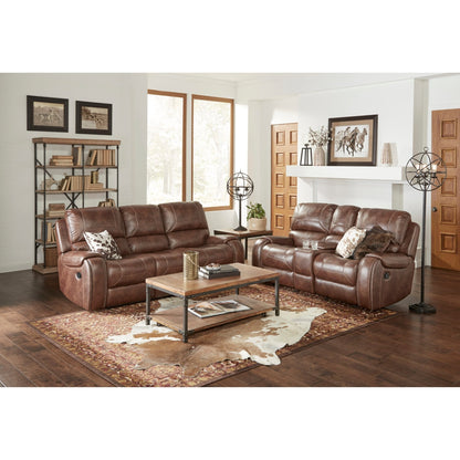 Achern Brown Leather - Air Nailhead Manual Reclining Sofa with Storage Console and USB Port - 1st Choice Furniture Direct