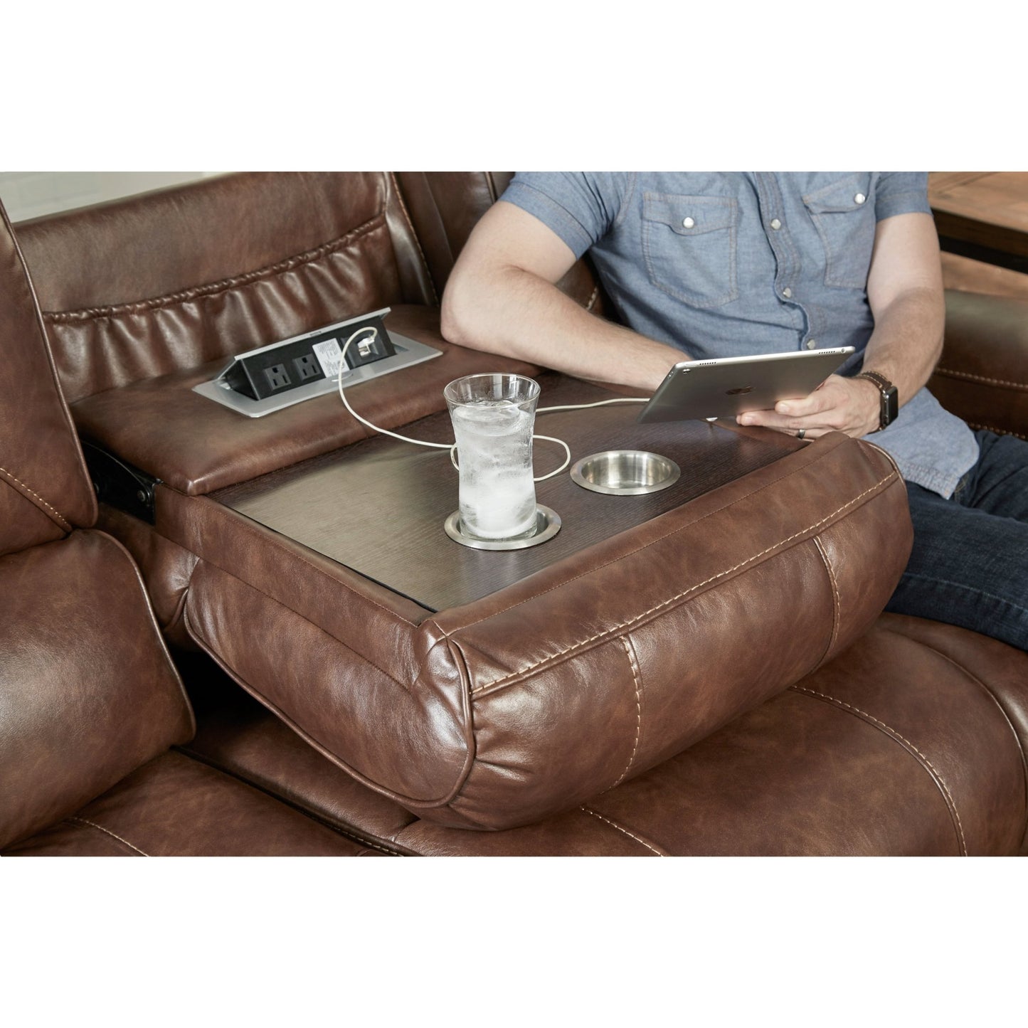 Achern Brown Leather - Air Nailhead Manual Reclining Sofa with Storage Console and USB Port - 1st Choice Furniture Direct