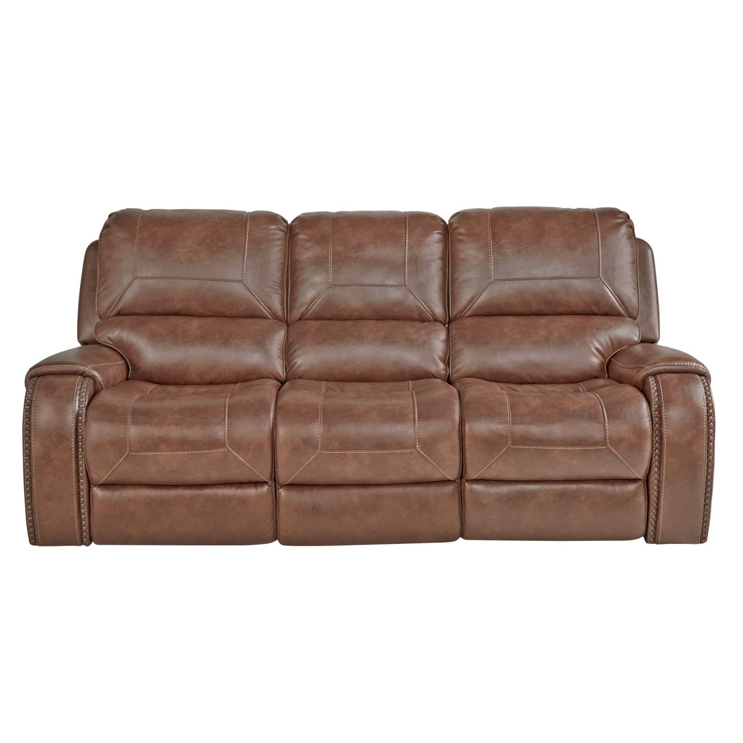 Achern Brown Leather - Air Nailhead Manual Reclining Sofa with Storage Console and USB Port - 1st Choice Furniture Direct