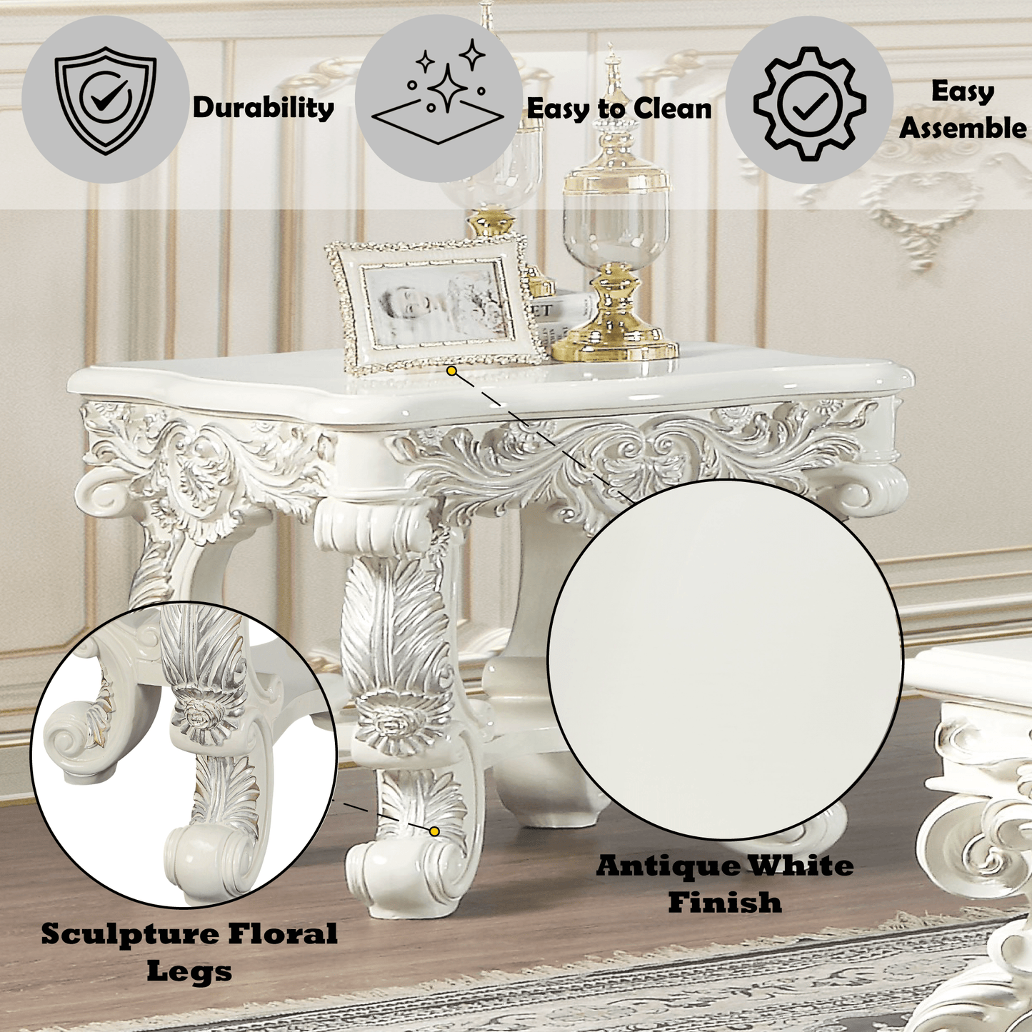 Adara Antique White Finish End Table - 1st Choice Furniture Direct