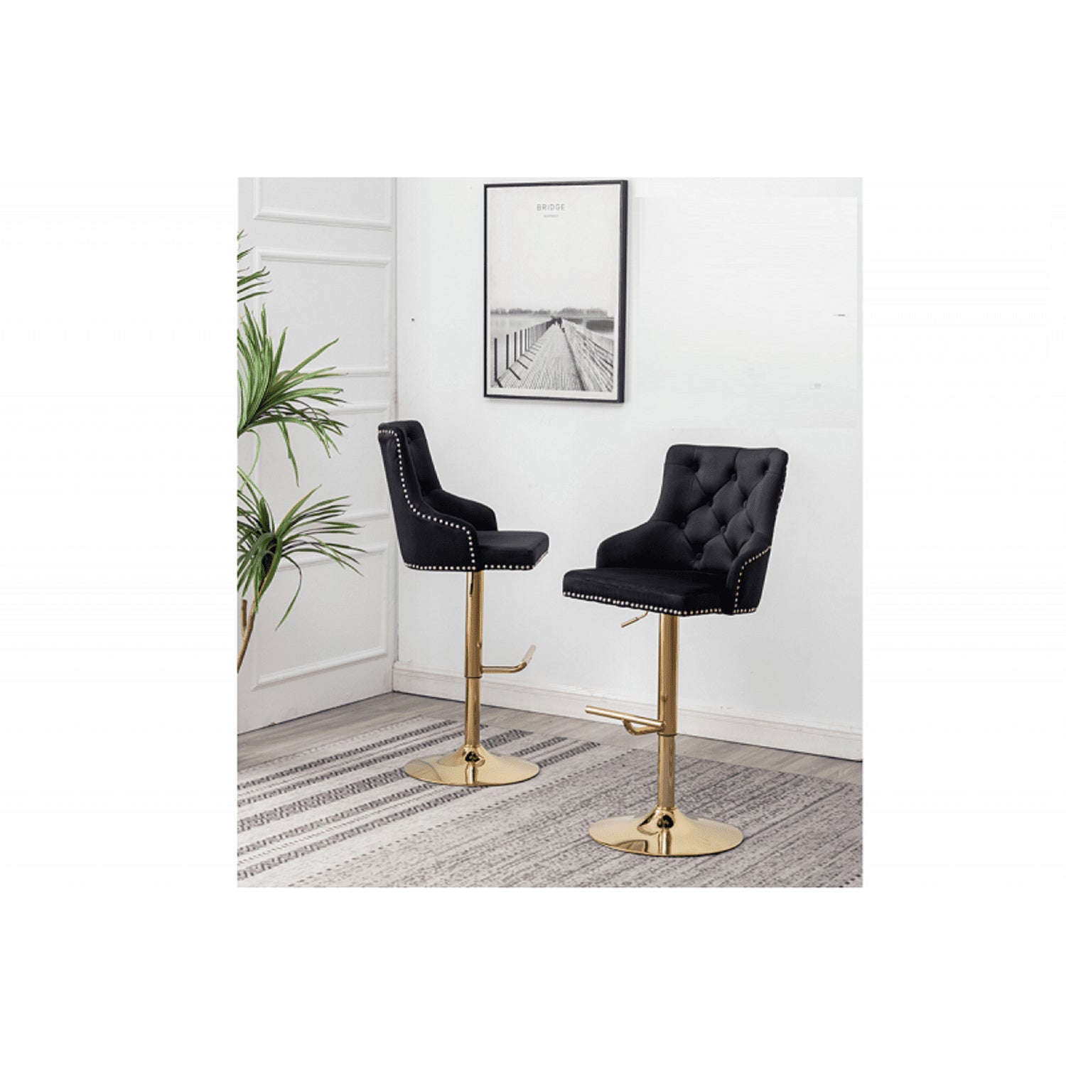 Adjustable Swivel Bar Stool (Set of 2) with Gold Base, Velvet Upholstered Kitchen Chair, Nailhead Trim and Tufted back, Black - 1st Choice Furniture Direct