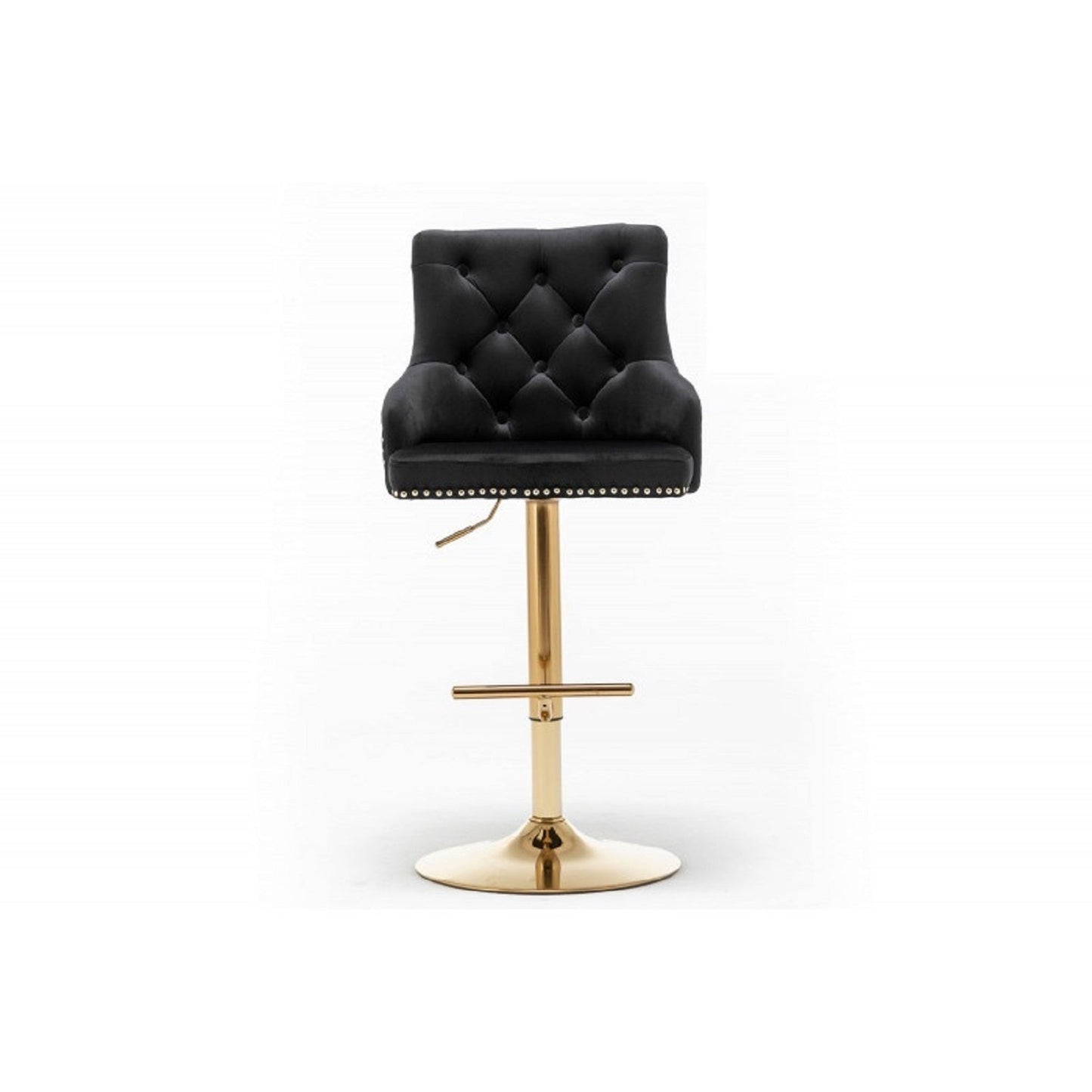Adjustable Swivel Bar Stool (Set of 2) with Gold Base, Velvet Upholstered Kitchen Chair, Nailhead Trim and Tufted back, Black - 1st Choice Furniture Direct