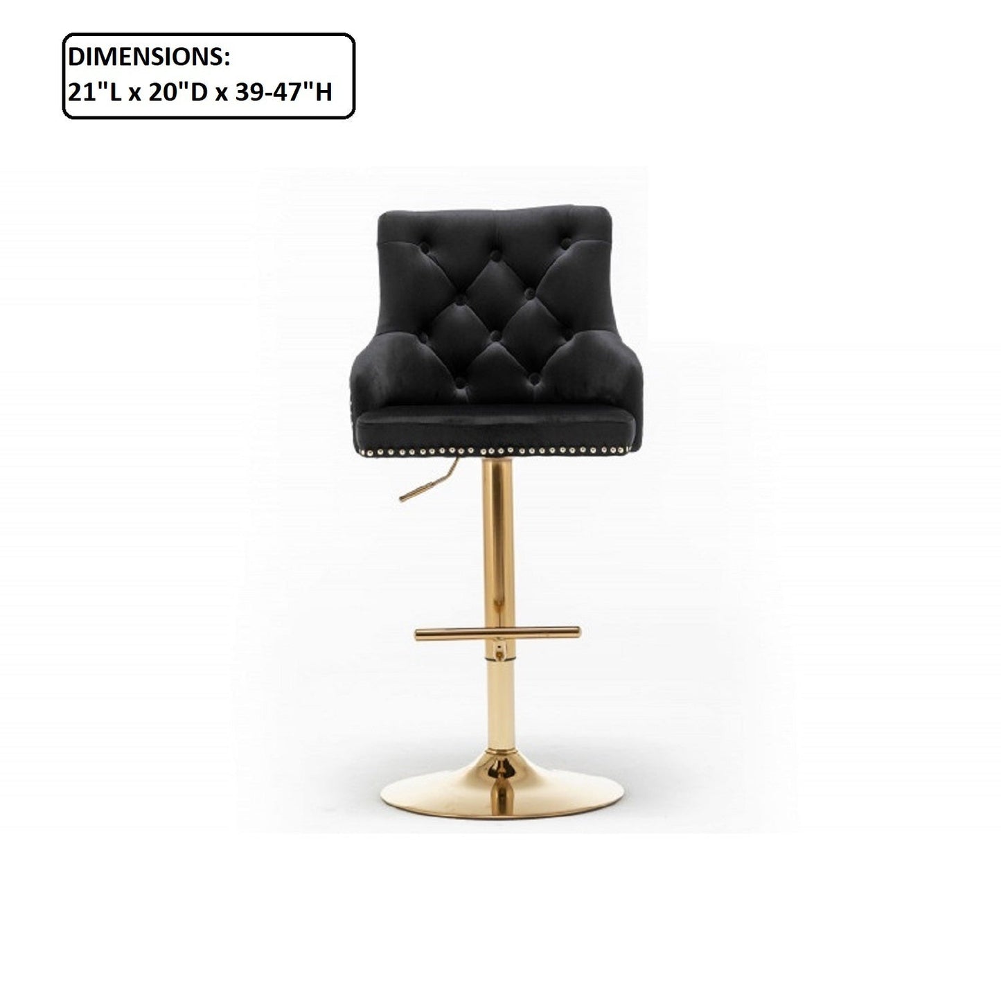 Adjustable Swivel Bar Stool (Set of 2) with Gold Base, Velvet Upholstered Kitchen Chair, Nailhead Trim and Tufted back, Black - 1st Choice Furniture Direct