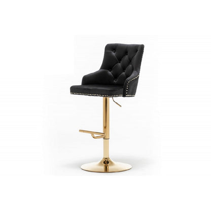 Adjustable Swivel Bar Stool (Set of 2) with Gold Base, Velvet Upholstered Kitchen Chair, Nailhead Trim and Tufted back, Black - 1st Choice Furniture Direct