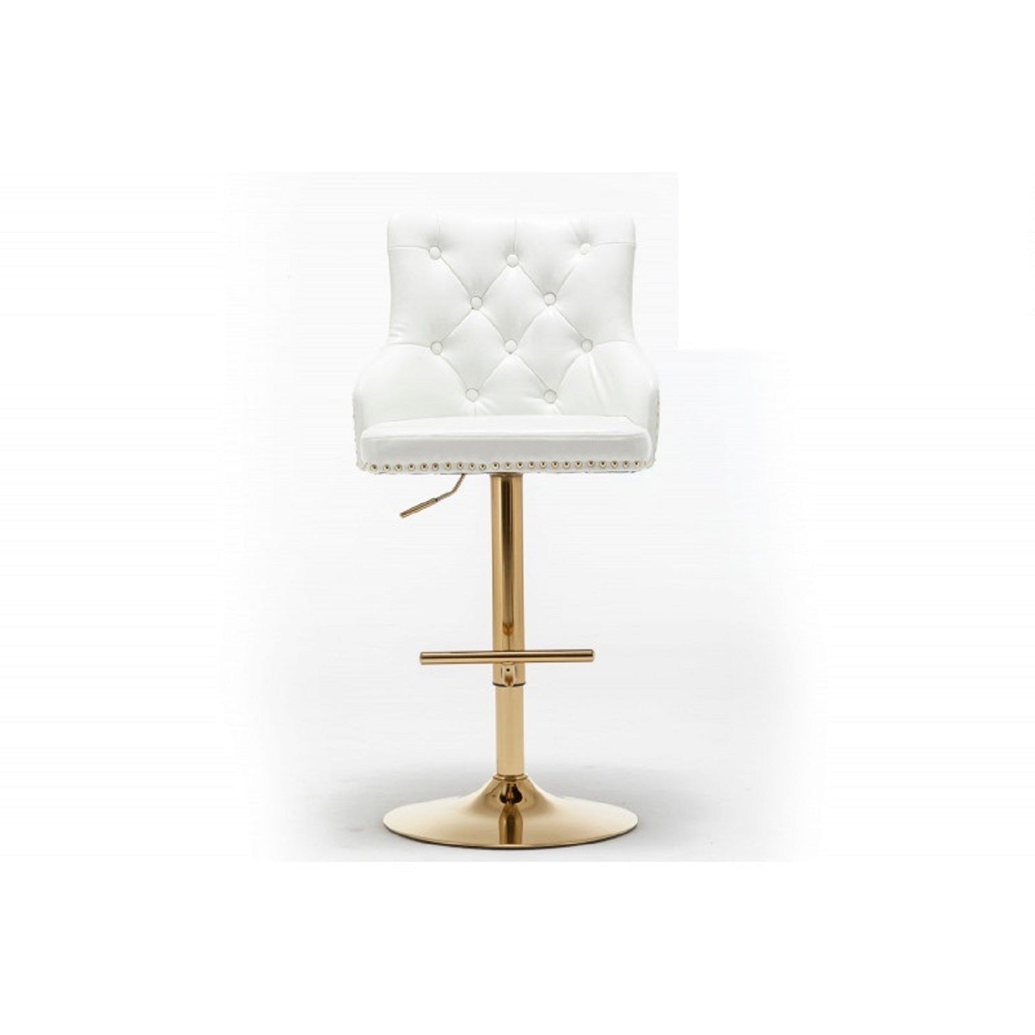 Adjustable Swivel Bar Stool (Set of 2) with Gold Base, Velvet Upholstered Kitchen Chair, Nailhead Trim and Tufted back, White - 1st Choice Furniture Direct