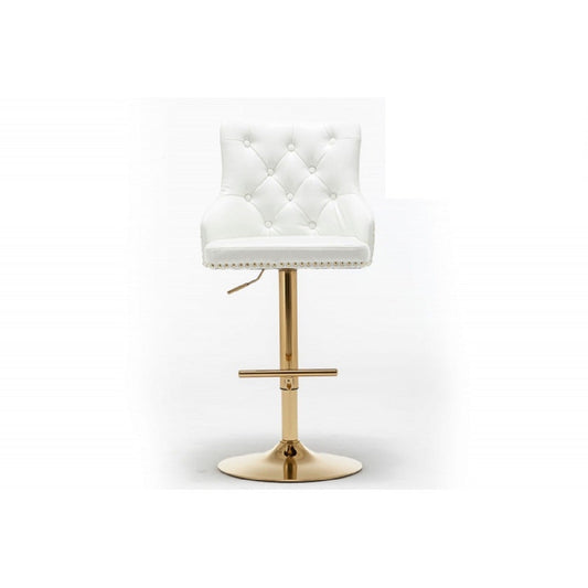 Adjustable Swivel Bar Stool (Set of 2) with Gold Base, Velvet Upholstered Kitchen Chair, Nailhead Trim and Tufted back, White - 1st Choice Furniture Direct