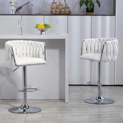 Adjustable Swivel Bar Stools Set of 2 | Beige Fabric Chairs with Woven Back & Chrome Base - 1st Choice Furniture Direct